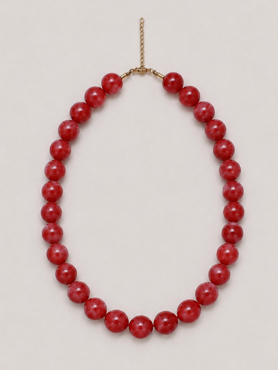 New! Colorful Crimson Raspberry Red Marbled Beaded Necklace Nwot 5041
